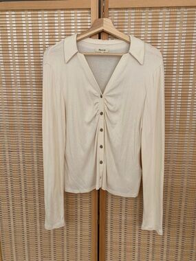 Madewell Cream Button-Front Ruched Long Sleeve Top
